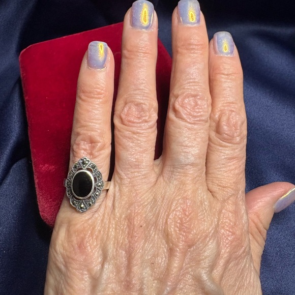 Ring Vintage Black Onyx Marcasite 925 Sterling Silver Decorative Setting - Picture 6 of 6